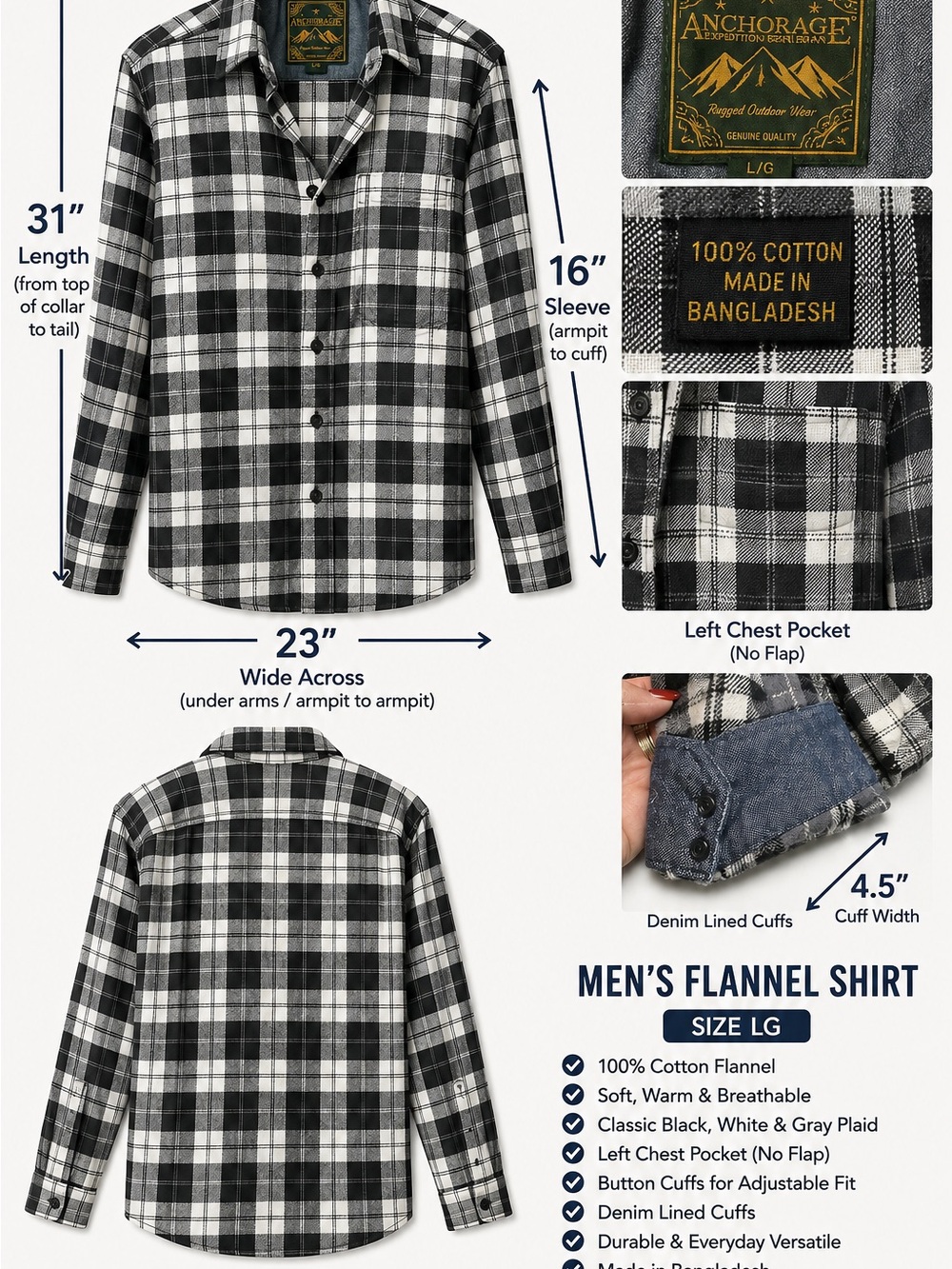 Anchorage Men's Black & White Plaid Flannel Button-Down Shirt